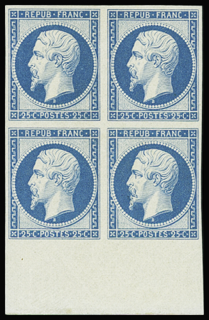 N°10c 25c bleu, réimpression de 1862, bloc de 4 bord