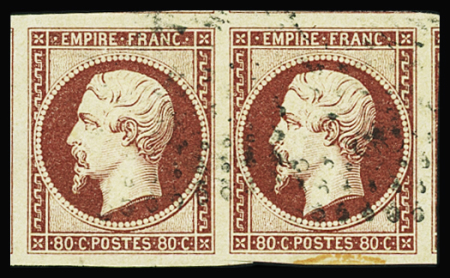 N°17A 80c carmin en paire, grandes marges avec 4 voisins,