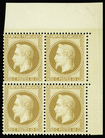 N°28Ac 10c bistre-brun, bloc de 4, coin de feuille,