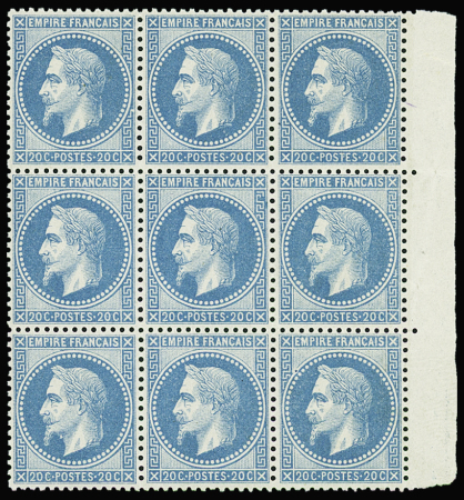 N°29B 20c bleu, bloc de 9, bord de feuille, centrage