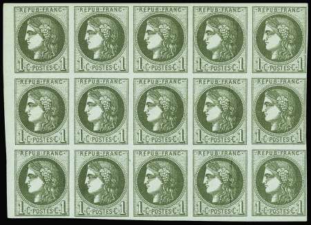 N°39A 1c olive Report 1, bloc-report de 15 exemplaires