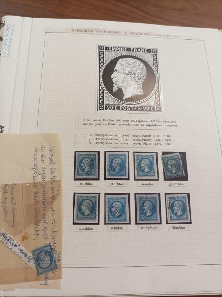 1862 Etude en un album Safe sur le n°22 20c bleu, variétés,