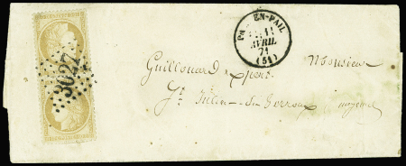 N°36 10c bistre jaune en paire verticale obl du losange