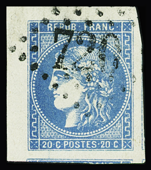 N°46B 20c bleu Type III Report 2, spectaculaire coin