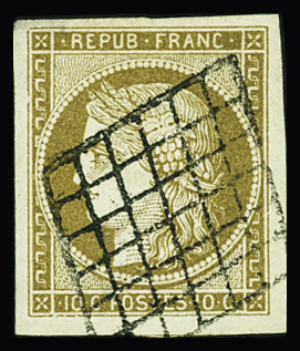 N°1b 10c bistre verdâtre, obl. grille, TTB