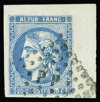 N°46B 20c bleu Type III Report 2, coin de feuille,