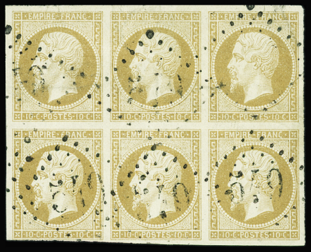 N°13B 10c brun-clair en bloc de six, obl. GC 549 de