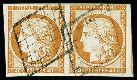 N°5 40c orange, en paire bien margé, 1 voisin, obl.