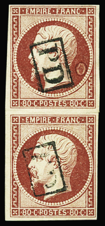 Exceptionnelle oblitération PD sur paire de N°17A 80c