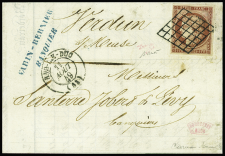 N°6B 1f carmin-brun, bien margé, obl. grille sur lettre