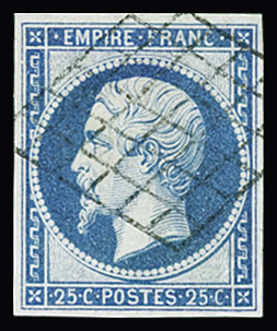 Oblitération grille sur N°15 25c bleu, SUP. Signé