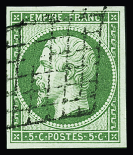 Oblitération grille sur N°12 5c vert, SUP. Signé