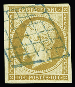 Oblitération grille bleue sur N°13A 10c bistre Type