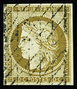 Oblitération grille sans fin sur N°1 10c bistre-jaune,