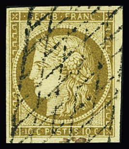 Oblitération grille sans fin sur N°1 10c bistre-jaune,