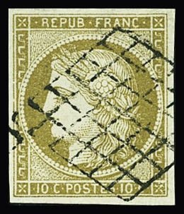 N°1b 10c bistre verdâtre obl. grille, TTB