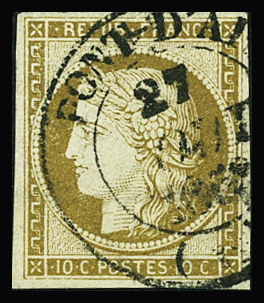 Rare càd T13 Pont-d'Ain 27 oct 1852 sur N°1 10c bistre-jaune,