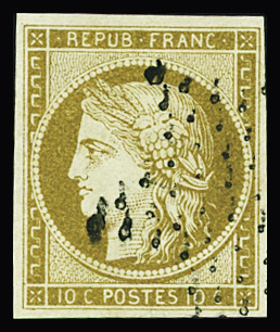 N°1 10c bistre-jaune obl. étoile, TTB. Signé Calves