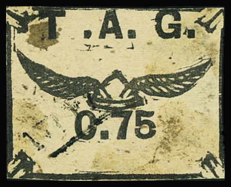 POSTE AERIENNE N°3 75c noir sur saumon, obl., amincis,