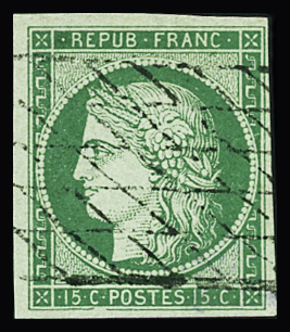 Grille sans fin sur n°2 15c vert, TTB. Signé