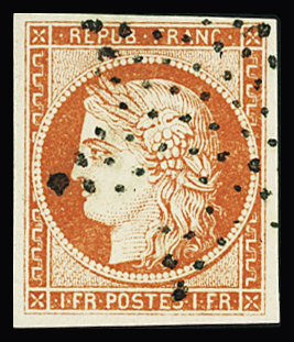 N°7 1 franc vermillon, Faux de Sperati, obl. étoile,