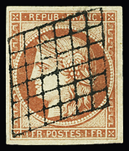 N°7a 1 franc vermillon vif, très belle nuance, obl.