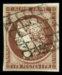 N°6B 1f carmin-brun, obl. grille propre, TTB. Signé