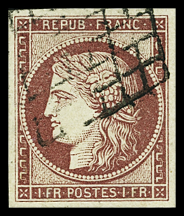 N°6 1f carmin, obl. grille propre, TTB. Signé A.Brun