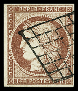 N°6B 1f carmin-brun, obl. grille propre, TTB. Signé