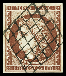 N°6B 1f carmin-brun, obl. grille propre, TTB. Signé