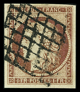 N°6B 1f carmin-brun, obl. grille, TB. Signé Calves