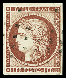 N°6 1f carmin, obl. gros points propre, TTB. Signé