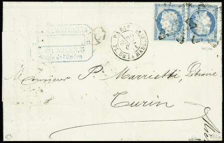 N°37c 20c bleu en paire TETE-BECHE obl. étoile sur