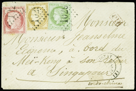 SINGAPOUR Rare affranchissement tricolore avec n°57+55+53