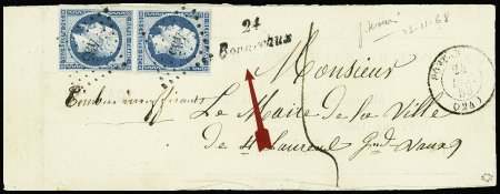 Cursive "24 Bonnevaux" + T15 Pont-de-Roide 1853 + PC