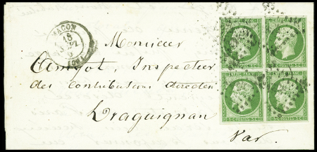 N°12b 5c vert foncé en bloc de 4 obl. PC 1824 sur lettre