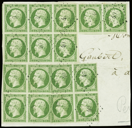 N°12 5c vert, bloc de six + 1 paire + 2 blocs de 4