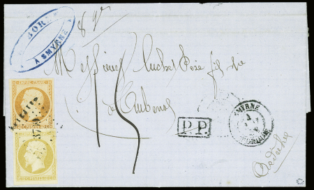 SMYRNE N°13Aa jaune-citron +n°16 obl. PC 3709 sur lettre