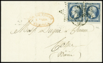 N°15 25c bleu, en paire bien margée, voisin, obl. étoile