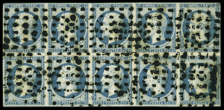 N°15 25c bleu, en bloc de 10 bien margé obl. gros points,