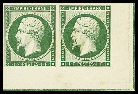 N°18 Essai du 1f en vert vif, paire coin de feuille