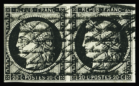 N°3a 20c noir sur blanc en paire, obl. grille sans