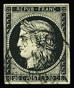 Càd T15 du 4 janvier 1849, sur n°3 20c noir, TTB
