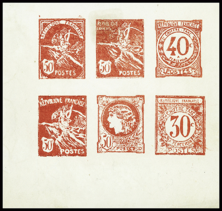 Feuillet de 6 épreuves oranges dont allégories de la République (1), de la Marseillaise (3 diff) et chiffre-taxe (30c et 40c). TB