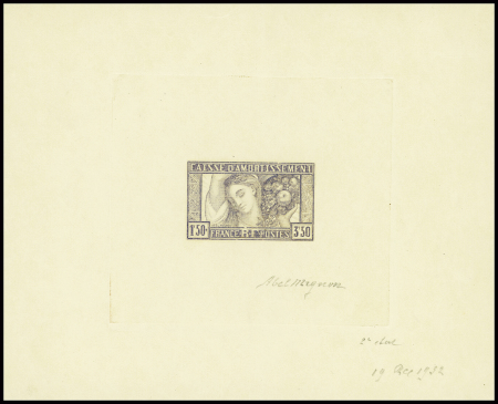 1F50 + 3F50 coiffes des provinces, épreuves d'artiste non adoptée "Au panier de fruits" en brun, signé Abel Mignon. Certificat Samuel Gautré. TB