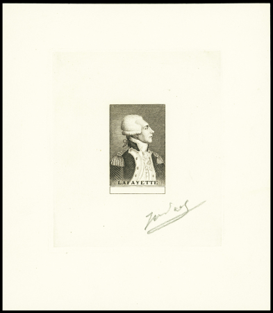 Projet de timbre sur Lafayette en brun noir sur feuillet signé par Jules Piel. TB