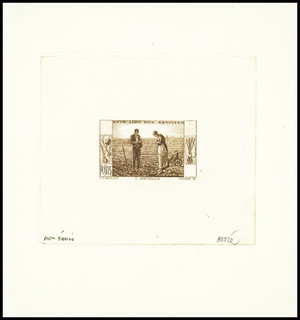 Non émis, l'Angélus de Millet, épreuve d'artiste en brun avec signature du graveur Ouvré, sans valeur indiquée, certificat Samuel Gautré. Rare et TB