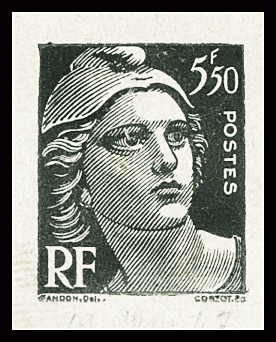 Epreuve 5F50 Gandon en noir sur carton, non émis. RR et TB. Certificat Behr