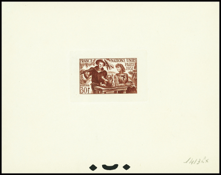 30F Nations Unies Paris 1951, 1er projet gravé par Decaris, épreuve en brun-rouge. TB