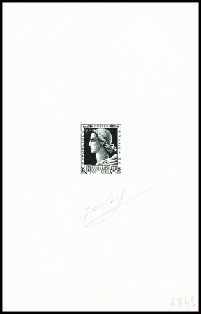 Epreuves d'artiste en noir type Marianne non émis pour le courrier officiel, signé Jules Piel. TB